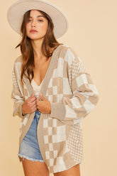 Annie Wear Women's Checkered Open Front Drop Shoulder Cardigan - Trendy Knitwear